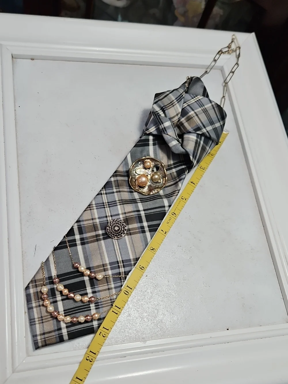 NWT Chaps Silk Blue Plaid Statement Tie Necklace With Faux Pearl Accents